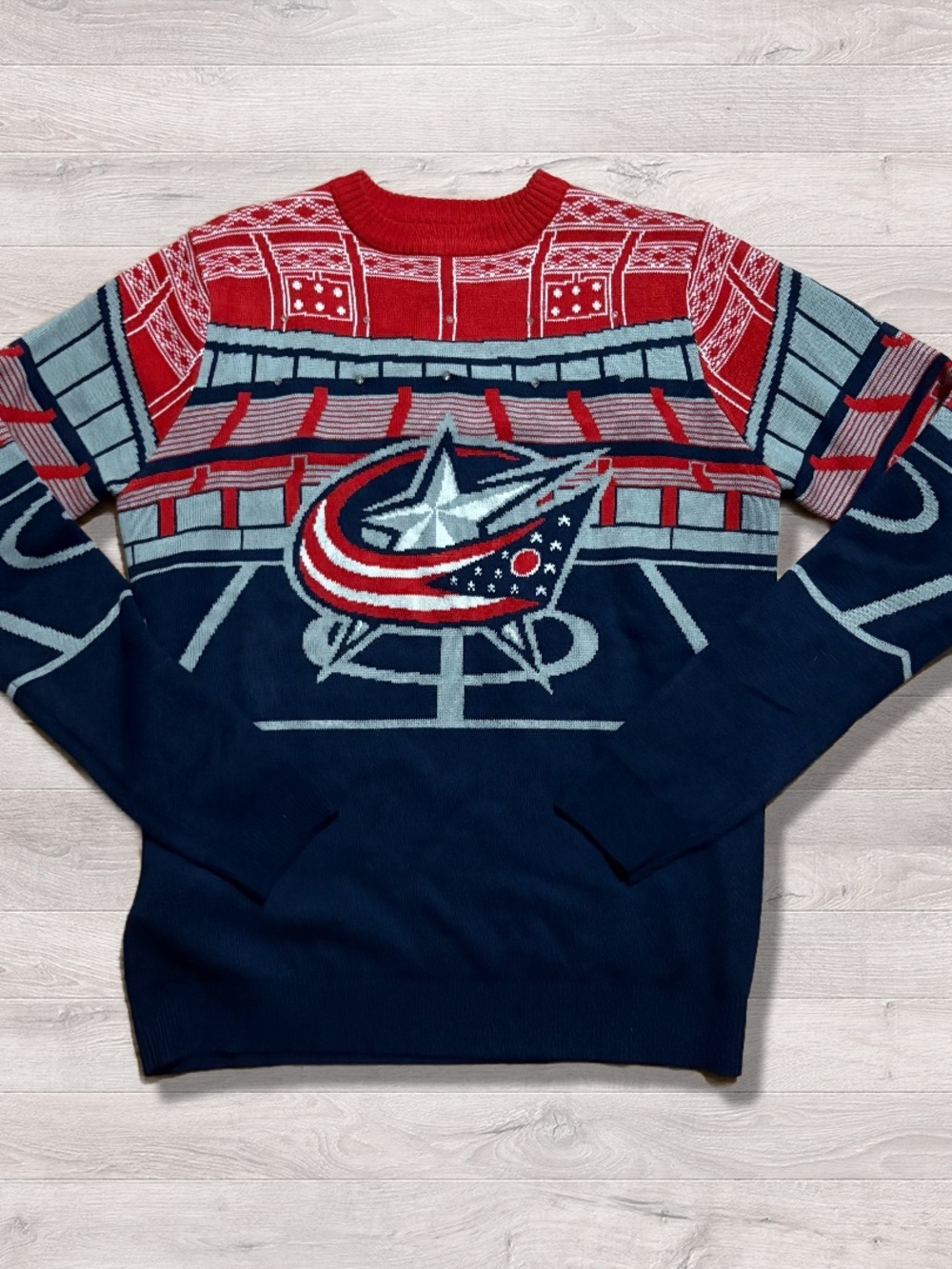 NHL CBJ Columbus Blue Jackets Christmas Holiday Light Up Knit Sweater Medium